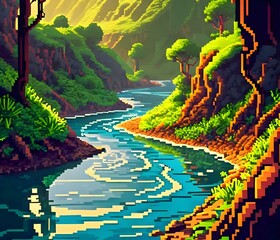 Pixel Art Scene of a Vibrant River Landscape