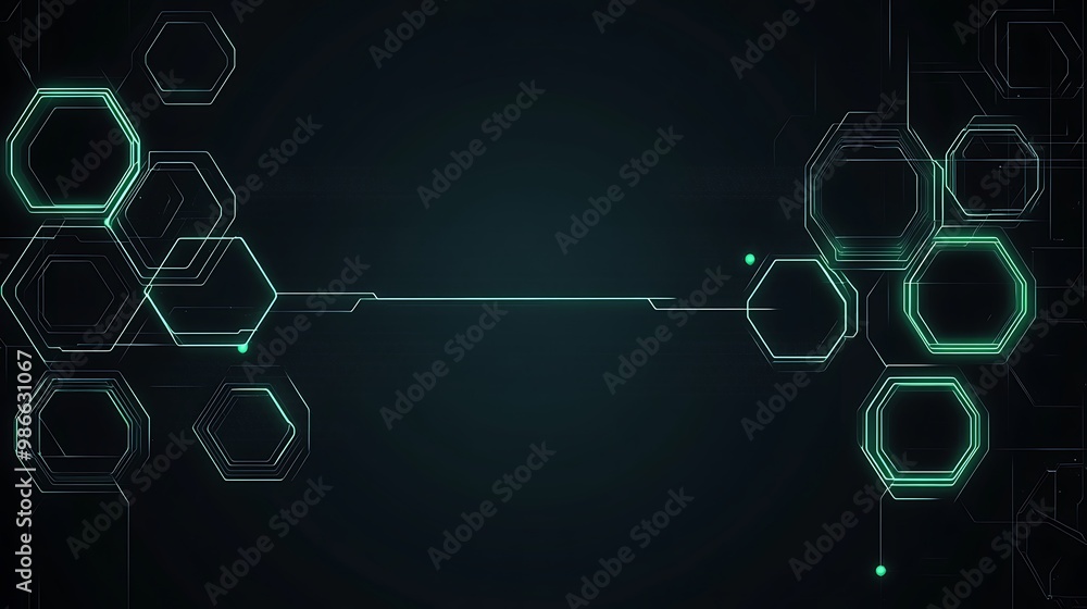 Poster Abstract futuristic background with glowing green hexagons and lines on dark background.