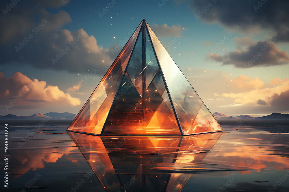 Poster abstract art masterpiece where 3d pyramids rise from a 2d desert landscape symbolizing the journey t
