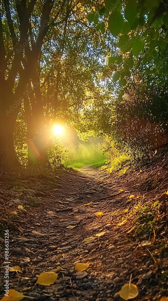 Poster sun shining through trees on a dirt path in a forest