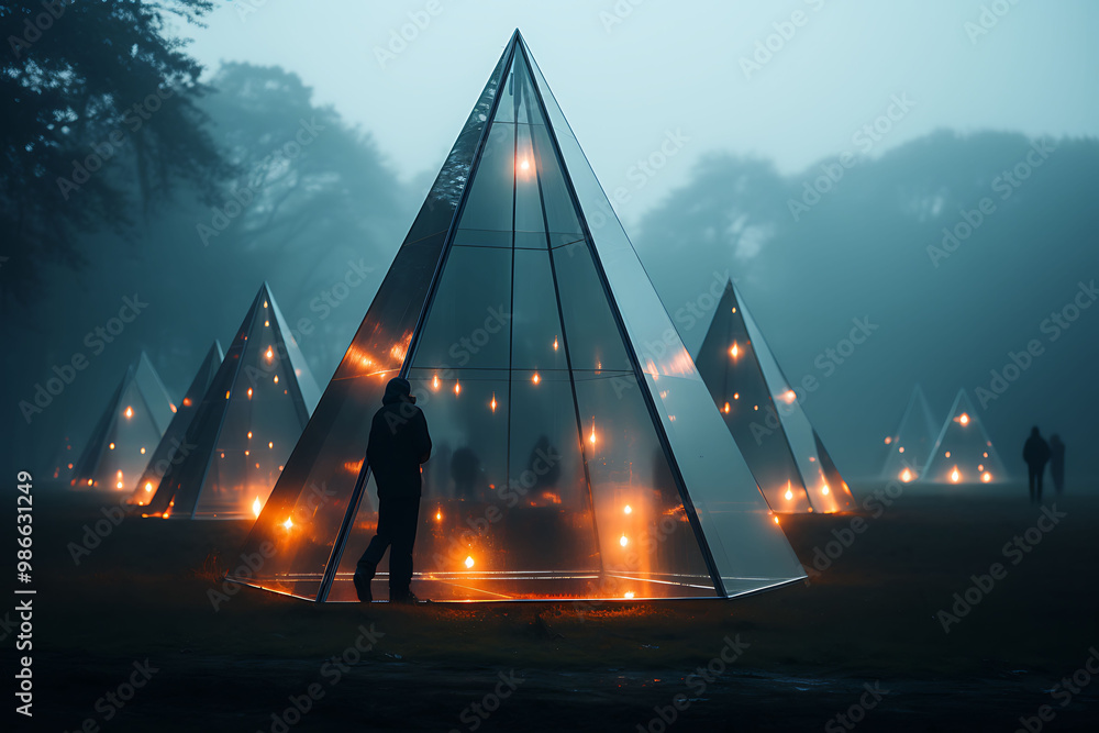 Poster abstract art masterpiece where 3d pyramids rise from a 2d desert landscape symbolizing the journey t