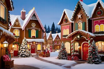 Fototapeta premium Lively Holiday Gingerbread Village Scene with Decorations and Treats