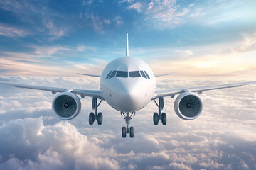 A commercial airplane flying above the clouds during a vibrant sunset at high altitude