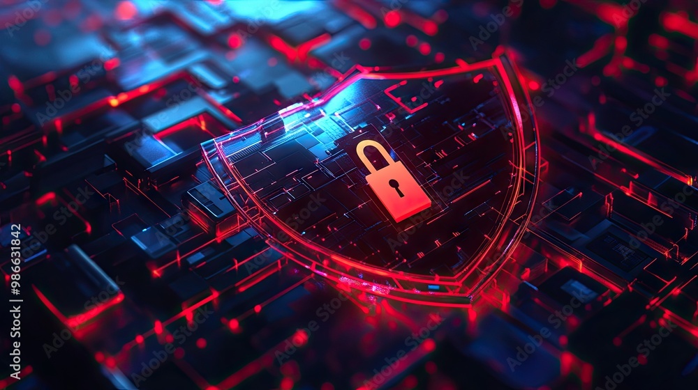Poster concept of personal data protection with a shield and digital lock, illustrating a system that secur