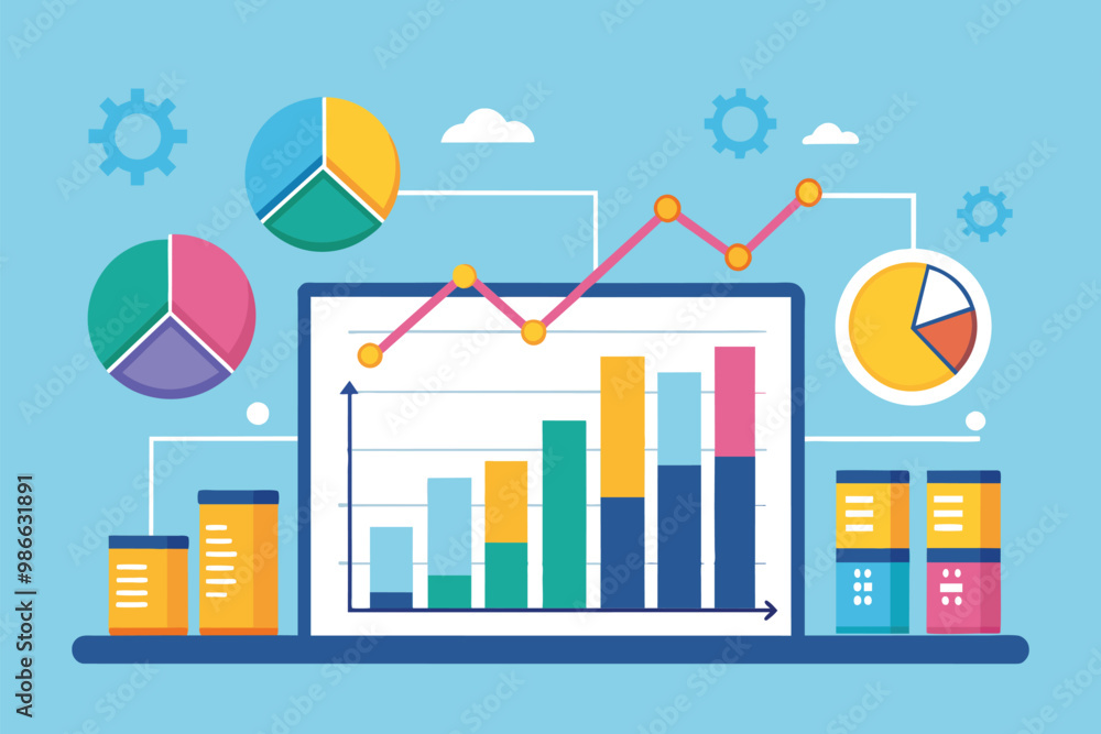Poster charts display business income analysis trends and insights with various colorful graphs and data vi
