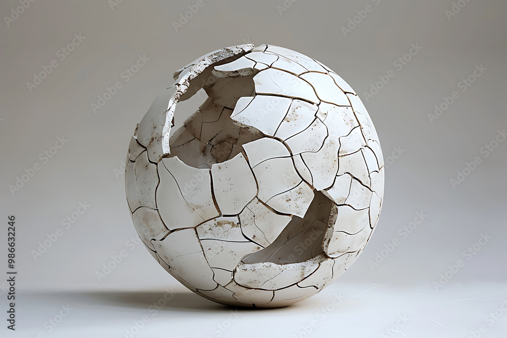 Poster abstract art piece where a 3d sphere is fractured into 2d fragments representing the breaking down o