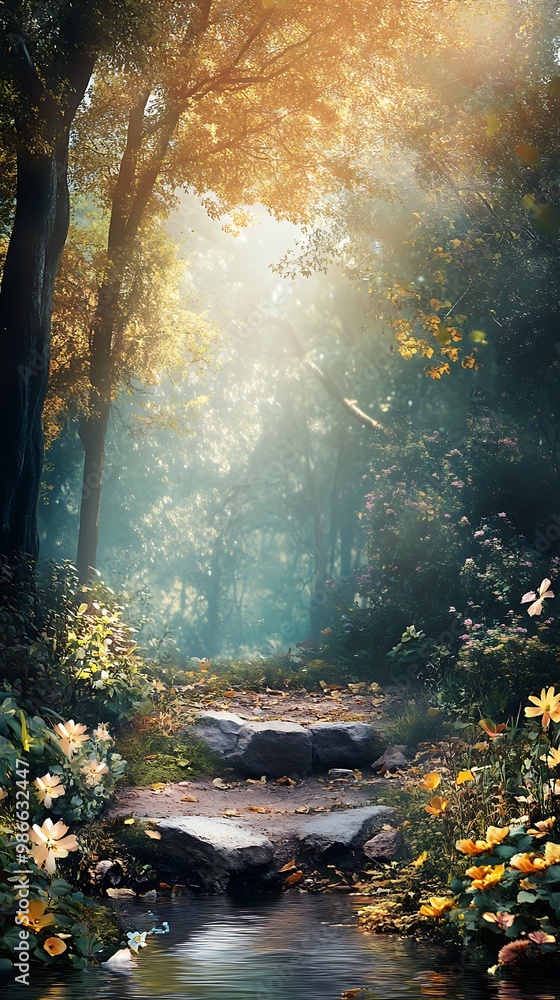 Poster mystical forest path with sunlight streaming through the trees