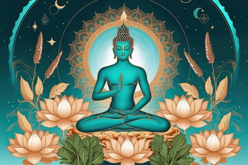 Obraz premium Majestic Spiritual Illustration with Lotus, Sacred Herbs, and Celestial Motifs in Soft Gold and Aqua