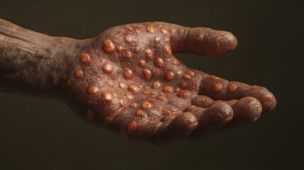 Detailed image of a hand showing red, raised monkeypox lesions. The skin appears inflamed, with the focus on the blisters, set against a neutral background.