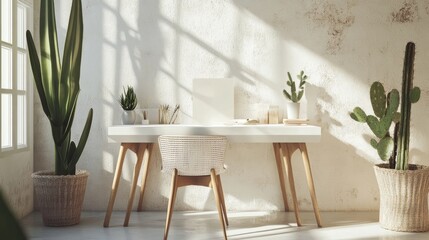 Chic white room with desk, chair, and cactus