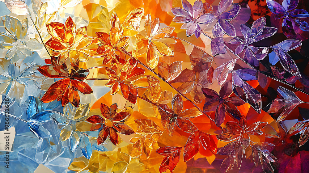 Poster artistic conceptsdriven abstract art piece where 2d floral motifs overlaid 3d crystalline structures