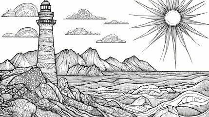 Lighthouse landscape coloring page for adults - serene mountain and ocean scenery with sun, rocks, and zentangle patterns for relaxation and creativity. Zentangle. Illustration