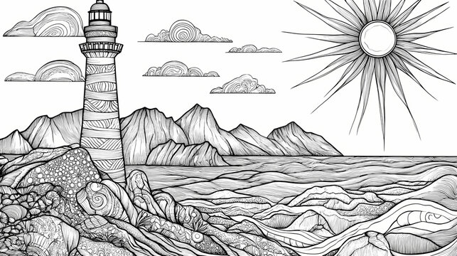 Lighthouse landscape coloring page for adults - serene mountain and ocean scenery with sun, rocks, and zentangle patterns for relaxation and creativity. Zentangle. Illustration