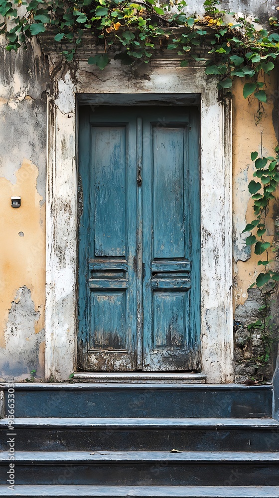 Canvas Prints Old weathered wooden door with peeling blue paint and ivy vines on building wall