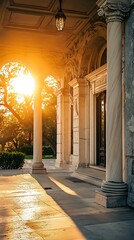 Fototapeta premium Golden Sunset Through Columns of Historic Building Facade