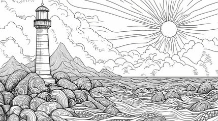 Lighthouse landscape coloring page for adults - serene mountain and ocean scenery with sun, rocks, and zentangle patterns for relaxation and creativity. Zentangle. Illustration
