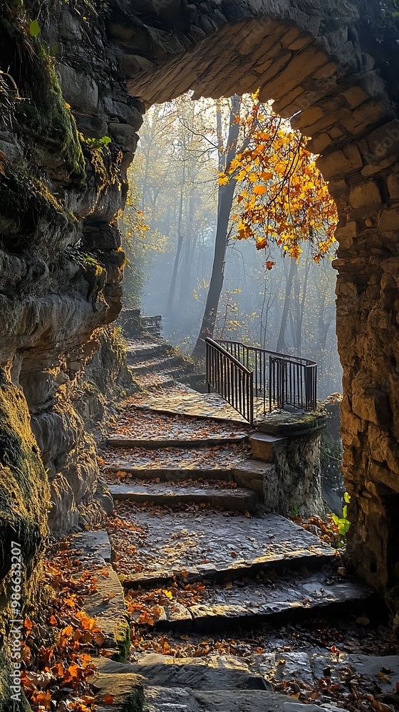 Poster stone archway leading to a path through a misty forest. sunlight peeks through the trees and creates