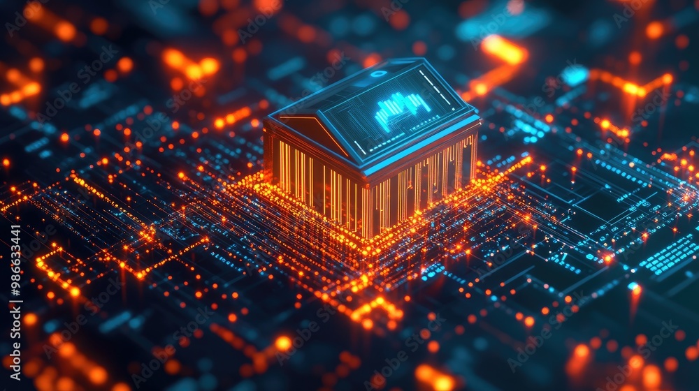 Poster digital bank icon amidst a glowing data network, symbolizing the shift to online banking and financi