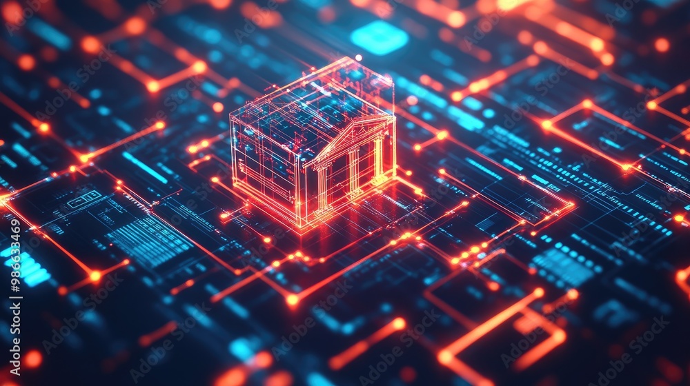 Poster digital bank icon amidst a glowing data network, symbolizing the shift to online banking and financi