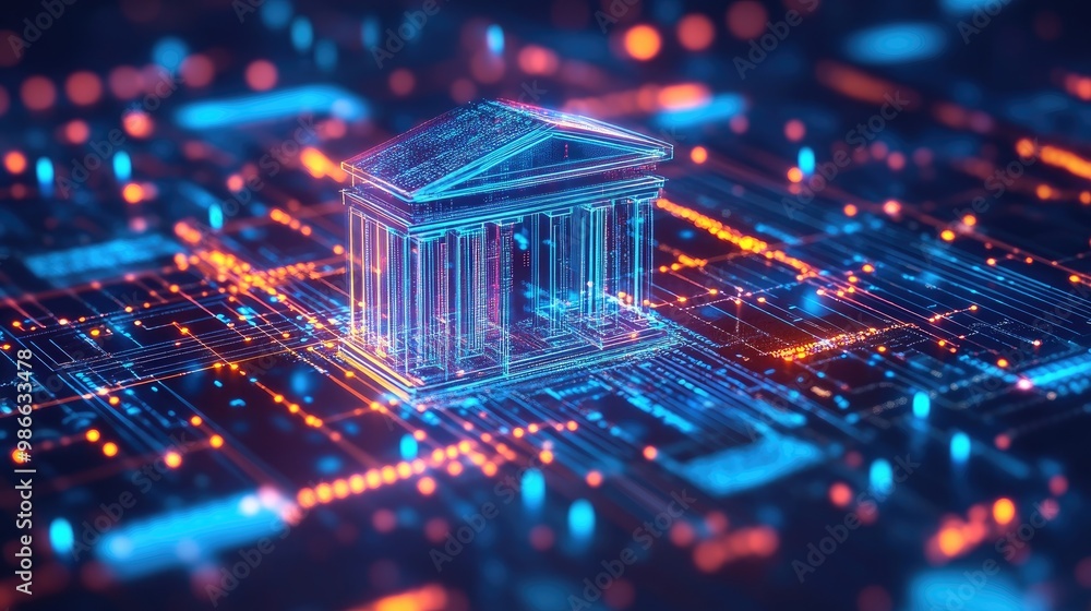 Poster digital bank icon amidst a glowing data network, symbolizing the shift to online banking and financi