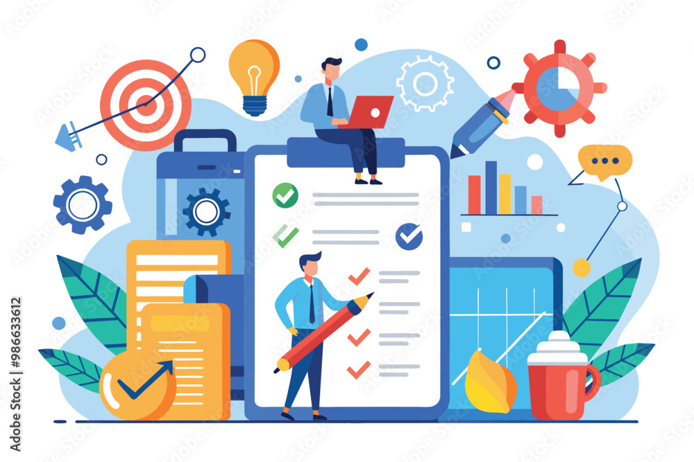 Poster a team collaborates on a business plan using visual elements and trendy graphics to enhance producti