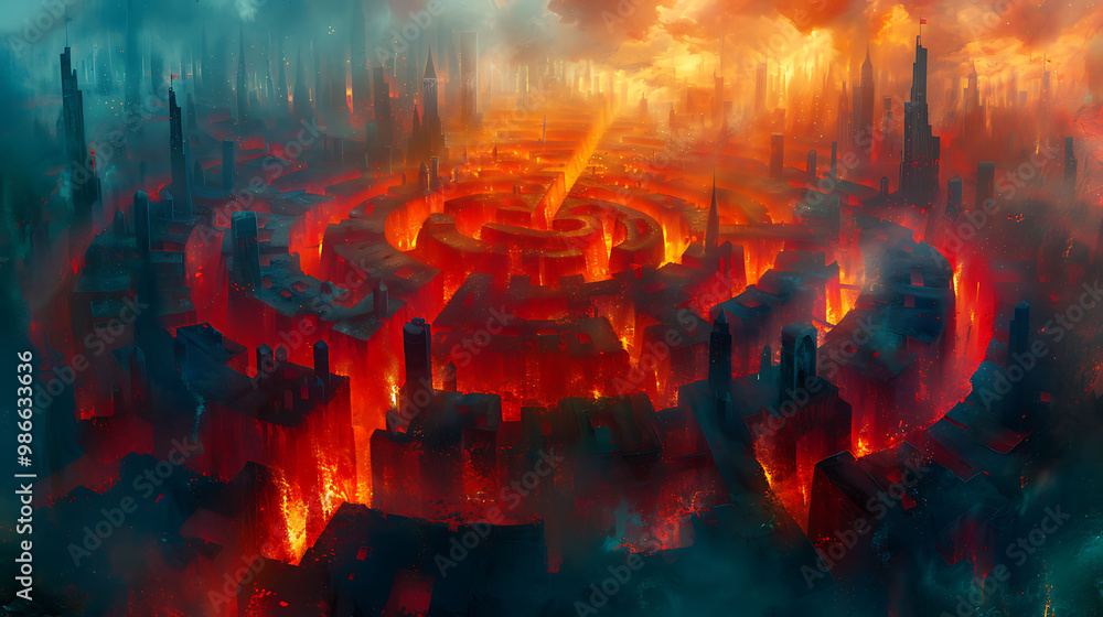 Poster artistic conceptsinspired abstract art creation featuring a 3d maze overlaid with 2d symbols of know