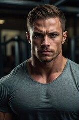 Obraz premium Muscular man posing confidently in a gym while engaging in a strength training workout session.