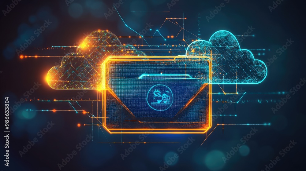 Poster digital wallet icon connected to data clouds, symbolizing the future of financial transactions and t