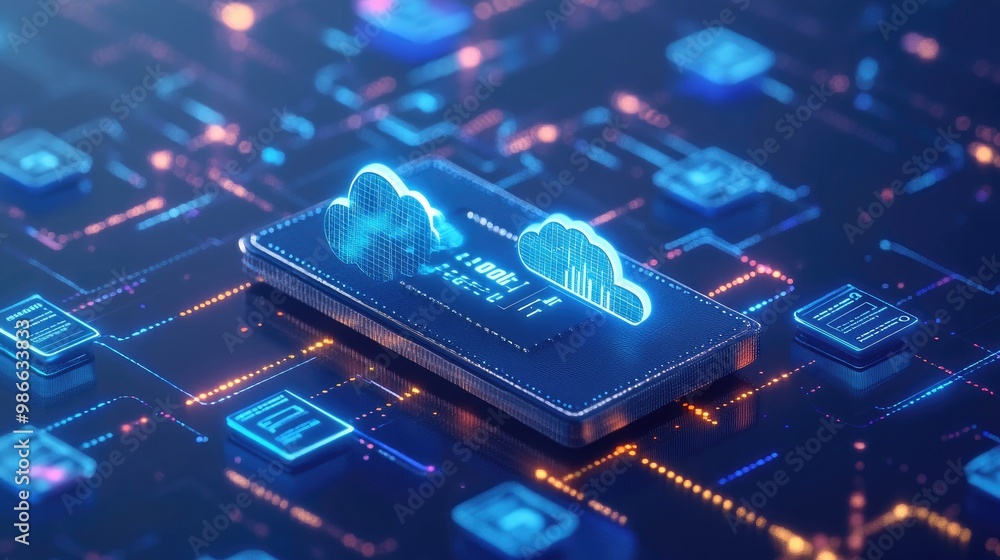 Poster digital wallet icon connected to data clouds, symbolizing the future of financial transactions and t