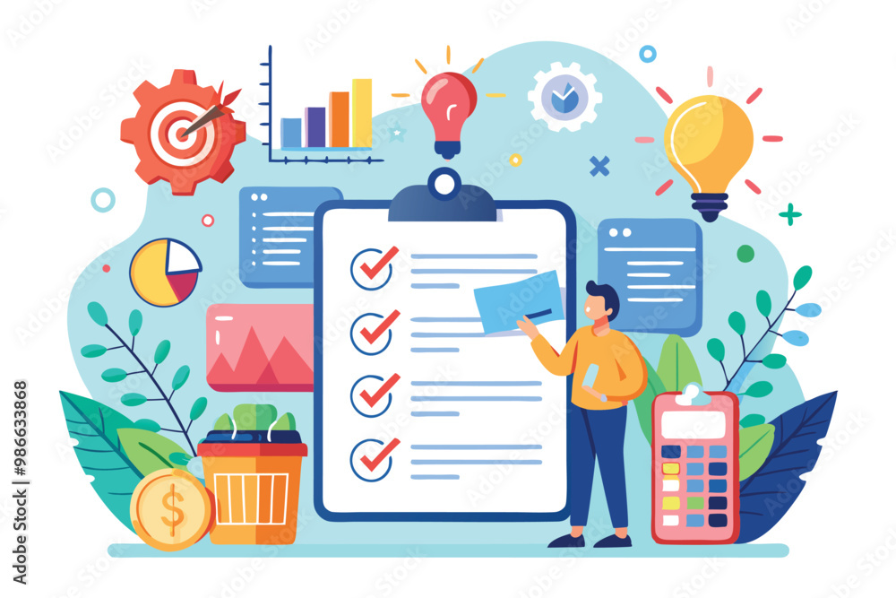 Poster a person reviews a checklist in a lively workspace filled with colorful charts and icons related to 