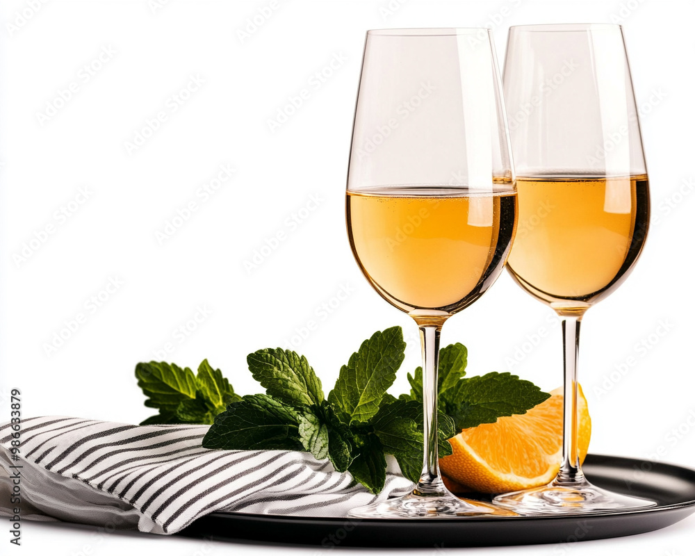 Wall mural elegant setting featuring two glasses of refreshing drink garnished with mint and orange slices on a