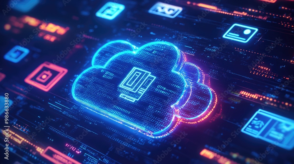 Poster digital wallet with financial icons and a cloud interface, representing secure online transactions a