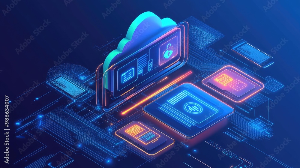 Poster digital wallet with financial icons and a cloud interface, representing secure online transactions a