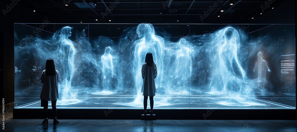 Poster ar art gallery featuring interactive holograms where digital sculptures float realworld spaces creat