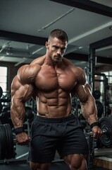 Fototapeta premium A muscular man lifting weights in a modern gym focused on strength training and fitness development.