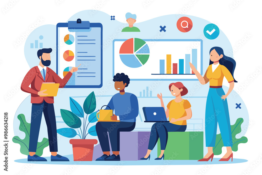 Poster a group of professionals collaborates on data analysis and presentation strategies in a contemporary