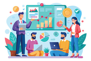 Fototapeta premium A group of professionals collaborates on a business presentation, analyzing charts and data together, Business presentation and analysis, illustrated in a flat style.