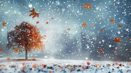 Shoot during soft daylight, preferably in the morning, to enhance the glow of the leaves and create a gentle reflection on the snow, emphasizing the calm, seasonal change.