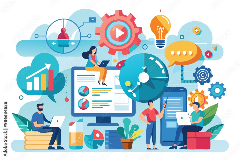 Poster a diverse team works together to implement business strategies using data analysis and technology to