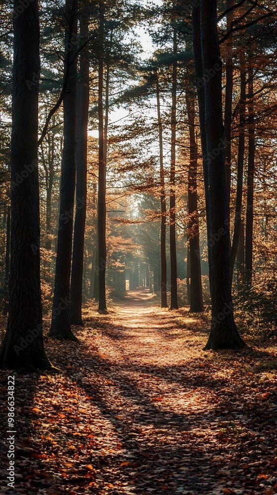 Sticker Sun shining through trees in autumn forest, path, nature background