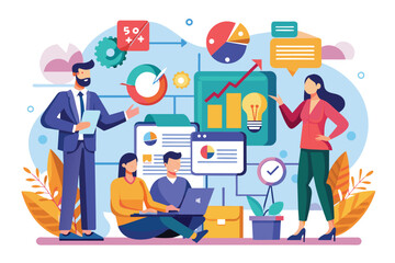 A team engaged in business project preparation, analyzing data with digital tools in a vibrant workspace, Business project preparation analysis, flat illustration.