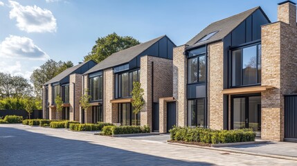 Exterior shot of a modern British home, freshly built with brickwork and glass windows, set on a quiet suburban street.