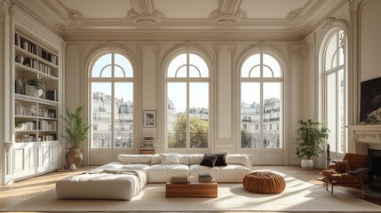 The Parisian chic livingroom has a classic, elegant feel with a touch of warmth from the red rug.