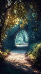 Obraz premium Mystical Forest Path with Sunbeams Through Trees and Archway