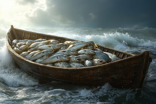 A wooden boat filled with fish bobs on the waves, likely a result of a successful fishing trip