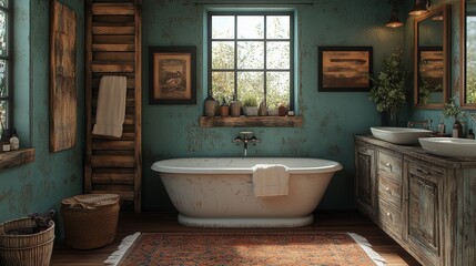 The bathroom is decorated with a rustic style and has a vintage feel.