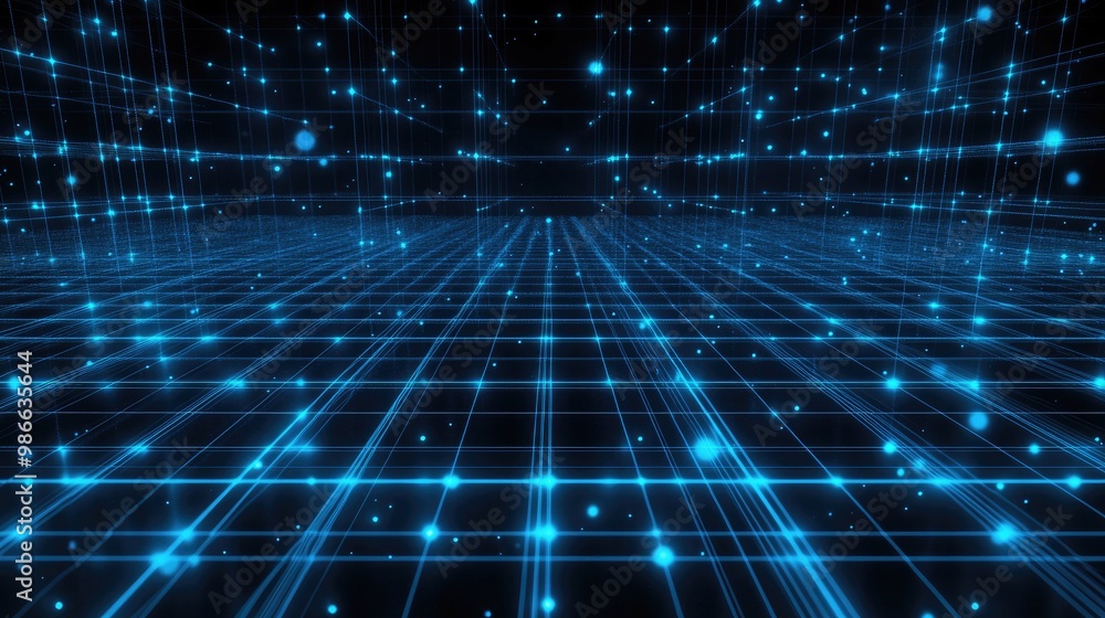 Poster futuristic dark grid pattern with blue neon glowing elements, connected in a network, with minimalis