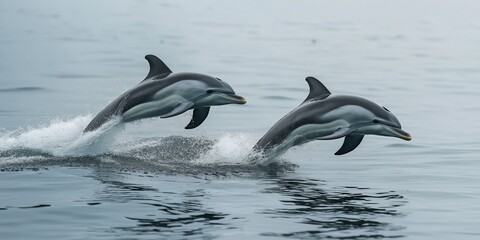 Obraz premium Two dolphins are swimming in the ocean, one of which is jumping out of the water. The scene is peaceful and serene, with the dolphins gracefully moving through the water