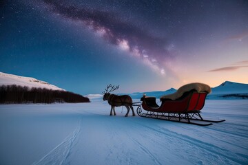 Stunning Arctic Scenery with Bright Stars and Joyful Sleigh at Winter Twilight