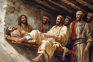 Biblical Illustration of Jesus Healing the Paralytic Lowered Through the Roof